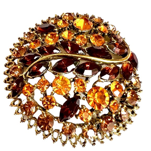 Outstanding Vintage Rhinestone Brooch Golds Oranges Browns Filigreed Gold Tone - Picture 6 of 9